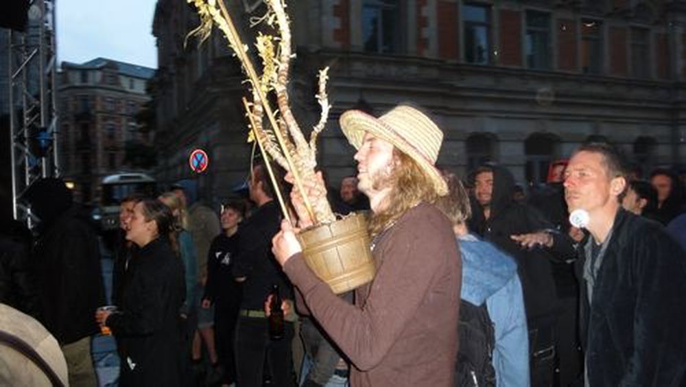 Mann tanzt mit Pflanze beim "Goldner Anker"-Konzert